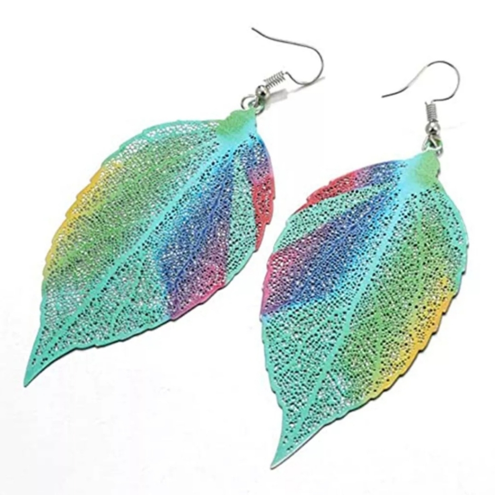 Colorful Rainbow Leaf Teal Green Blue Purple Pink Yellow Hook Earrings Oversized